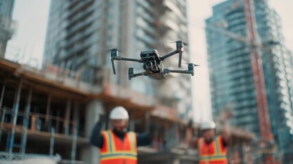 Closeup medium shot of a single drone mapping the internal framework of a highrise core during construction detailed sensors in focus with the rest of the drone team softly blurred