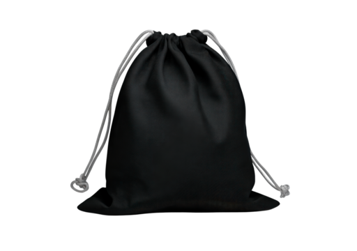 Black fabric drawstring bag with white cords on transparent background, PNG	