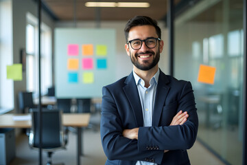 bearded man, standing in office, arms crossed, confident pose, wearing suit, glasses, colorful sticky notes on wall behind him