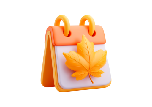 Autumn calendar icon with orange leaf and spiral binding design on transparent background, PNG	