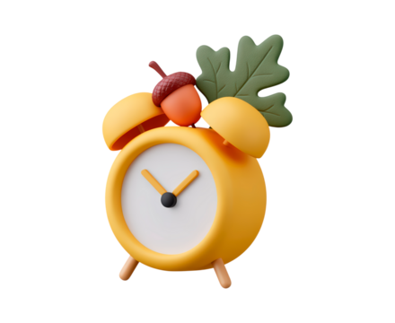 Whimsical orange alarm clock with acorn and leaf decor on transparent background, PNG	