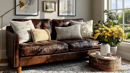 Luxurious brown leather couch in bright living room high resolution photo