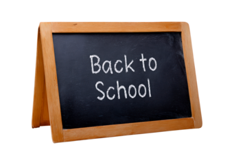 Wooden framed blackboard with 'back to school' chalk message on transparent background, PNG	