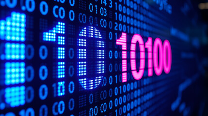 blue led display screen showing one and zero number binary code data. internet information transfers concept background for technology advancement work.