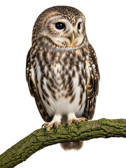 Fototapeta premium A cute Tawny Owl (Strixaluco) with dark eyes perched on a branch. PNG with transparent