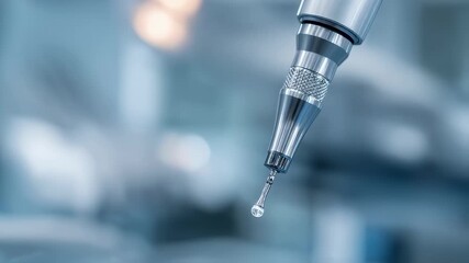 Close medium shot emphasizing the watercooled tip of a dental drill precisely targeting tooth pulp to reduce discomfort set against an outoffocus dental clinic backdrop for