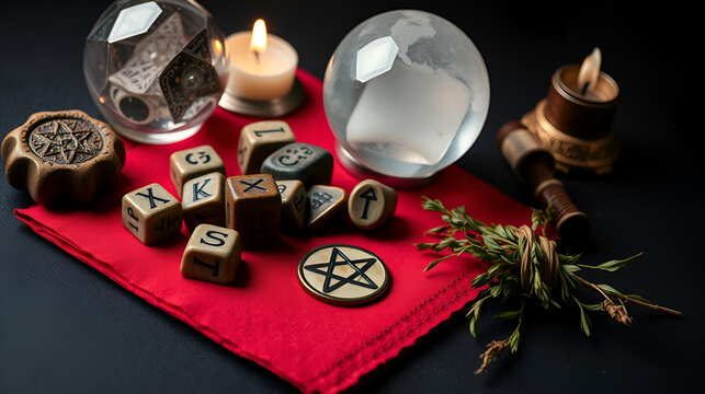 Runestones on red napkin. Divination items. Runes, crystal ball, pentacle symbol, herbal twist of magical herbs, candles. Dark background. Copy space