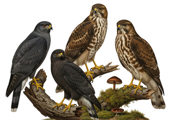 A high-resolution, full-body digital illustration of four Harris's Hawks (Parabuteounicinctus) perched on a moss-covered branch
