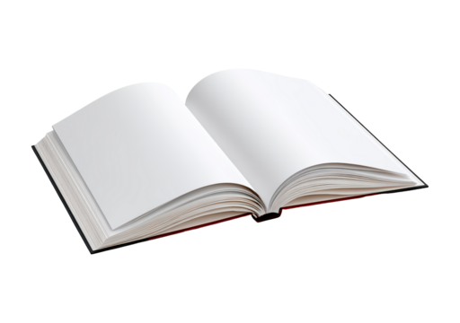 Open blank book with white pages and red cover on transparent background, PNG