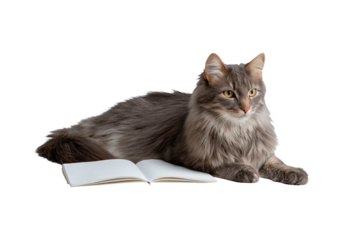 Fluffy gray cat relaxing with open notebook on transparent background, PNG	