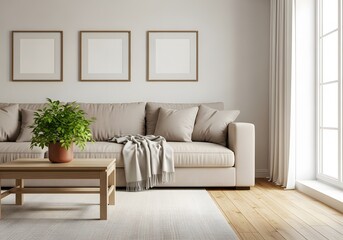 Cozy living room with a beige sofa and decorative elements