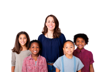 Smiling female adult with diverse young children standing together on transparent background, PNG	