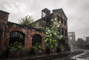 Obraz premium Striking mixed-media scene blends post-industrial Bytom architecture with bold botanical graphics, symbolizing urban renewal and eco innovation. Perfect for bold commercial campaigns.