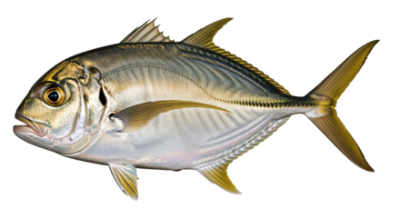 A powerful crevalle jack (Caranxhippos) with a golden head and silvery body. PNG with transparent background
