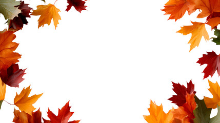 Autumn leaves frame with colorful maple foliage on transparent background, PNG	