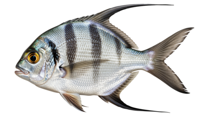 A striking palometa (Trachinotusgoodei) with dark stripes and a silvery body. PNG with transparent background