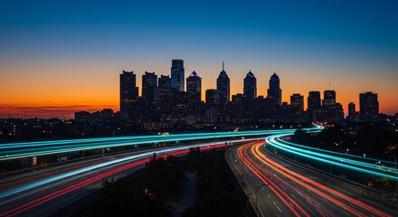 Fototapeta premium Smart city digital transformation development concept. Band lights over modern urban cityscape at night