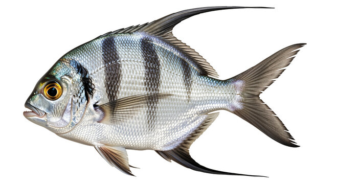 A striking palometa (Trachinotusgoodei) with dark stripes and a silvery body. PNG with transparent background