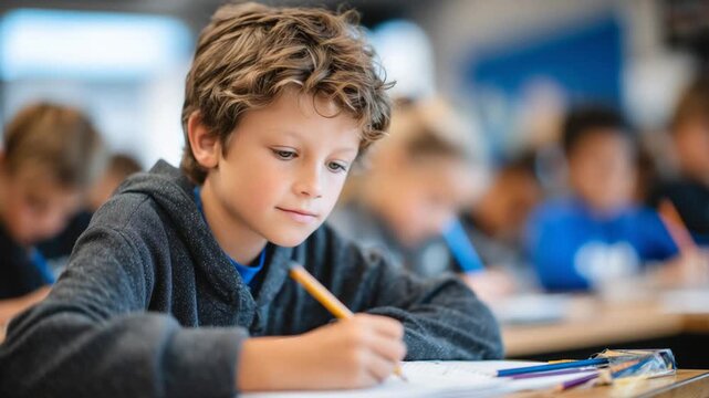 A well-organized, bright classroom scene with attentive students and a boy taking notes during a math lesson.