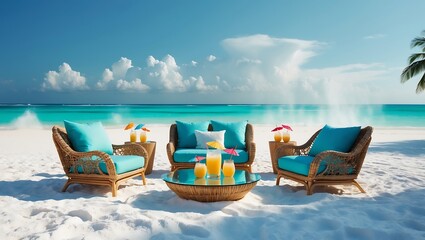 Luxury beach lounge setup with turquoise cushions and ocean view for summer vacation relaxation on transparent background