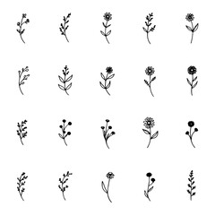 Miniature Botanical Icons Set. A compact collection of small floral silhouettes featuring minimal stems, simple leaves, and delicate blooms.
