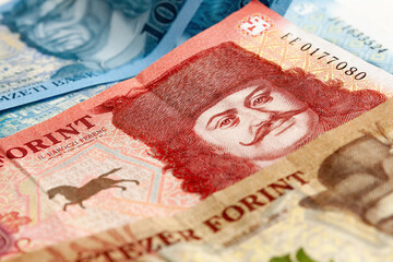Close-up of colorful Hungarian forint banknotes
