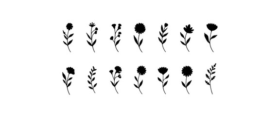 Botanical Flower Icons Collection. A set of various minimalist flower silhouettes featuring clean stems, rounded petals, and organic leaf details.