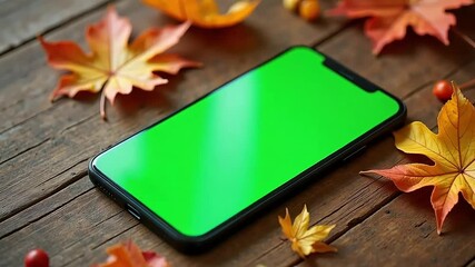 Smartphone with green screen on rustic wood with autumn leaves, perfect for display