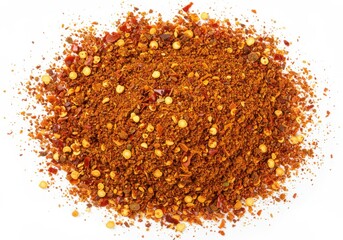 Pile of crushed red chili pepper flakes isolated on white background