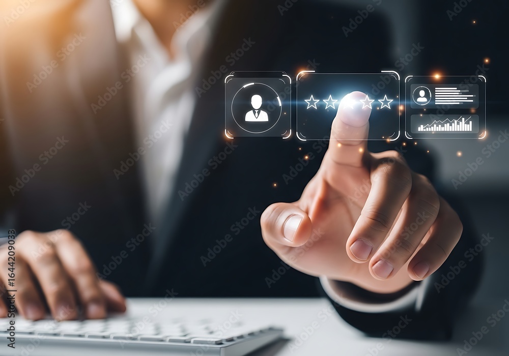 Aufkleber business professional interacting with a futuristic digital interface displaying user profiles and d