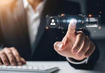 Business professional interacting with a futuristic digital interface displaying user profiles and data analytics on a screen