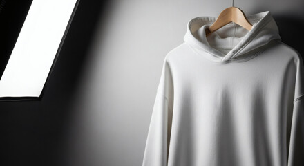 Minimalist White Hoodie Hanging on Wooden Hanger Against Neutral Wall, Modern Clothing Advertisement in Studio Setting