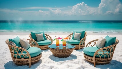 Obraz premium Beach resort lounge chairs and tropical cocktails on white sand beach vacation getaway destination travel spot on transparent background