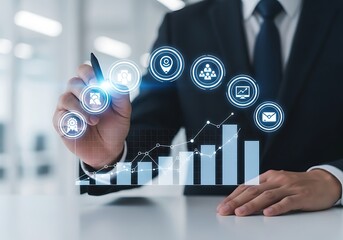 Businessman using a stylus to interact with a futuristic holographic interface displaying business growth charts and icons
