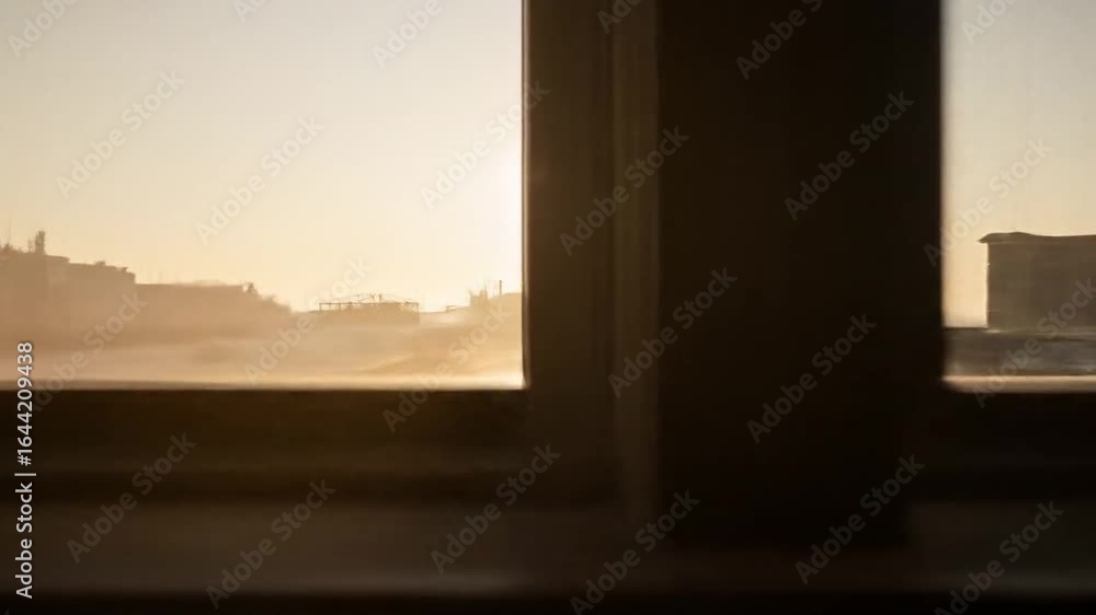 Poster sunlight streaming through window illuminating empty room interior with metal rails and urban buildi