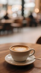 Fototapeta premium Hot Latte Coffee with Heart Latte Art in White Cup on Wooden Table