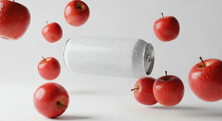Refreshing Apple Soda Concept, A Sparkling Mix of Fruit and Fizz , A Cold Can and Fresh Red Apples Floating in Harmony