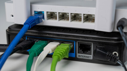 Colorful Ethernet Cables Connected to a Router. 