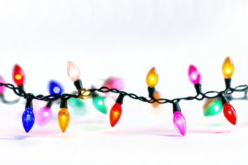 String of Colorful Christmas lights isolated on white background. LED lamps shining, Xmas glowing garland. Colorful Xmas garland. Christmas decorations