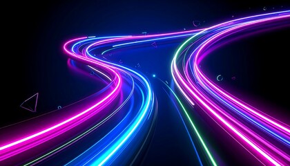 Neon light trails curving through dark space