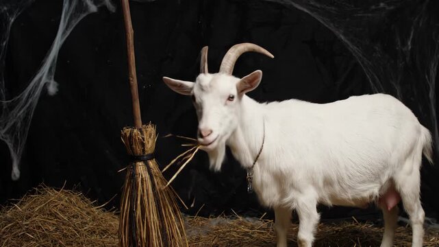 White Goat Nibbling on Witch's Broomstick Halloween Scene - A white goat with devil horns playfully nibbles on a witch's broomstick in a Halloween-themed studio setting.