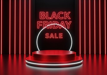 Black friday sale with red neon lights and a modern product podium.