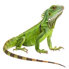 Obraz premium A vibrant green iguana stands on a black background. The reptile has a long tail, spiky crest, and distinct facial features, showcasing its unique coloration.