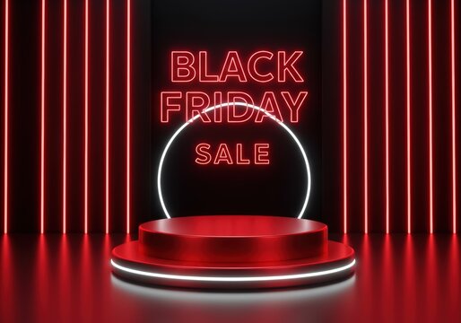 Black friday sale with red neon lights and a modern product podium.
