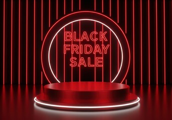 Bold Black Friday sale announcement with a glowing red display platform and neon lights.