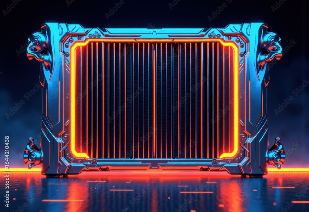 Poster radiator array with fins and frame illuminated by neon lights