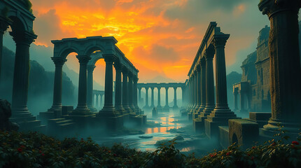 Fototapeta premium Ruins of an ancient city with majestic columns and arches. Ancient tourist attractions, travel, tourism, mysticism
