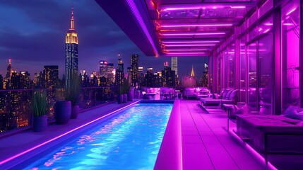 Modern rooftop pool with neon lights overlooking a city skyline at night