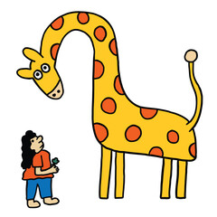 kids drawing girl loving giraffe cartoon illustration