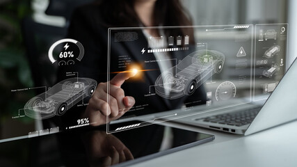 Technical layout of electric vehicle showing battery system, power control, traction motor, charging interface, and integration with renewable and smart energy sources Latch